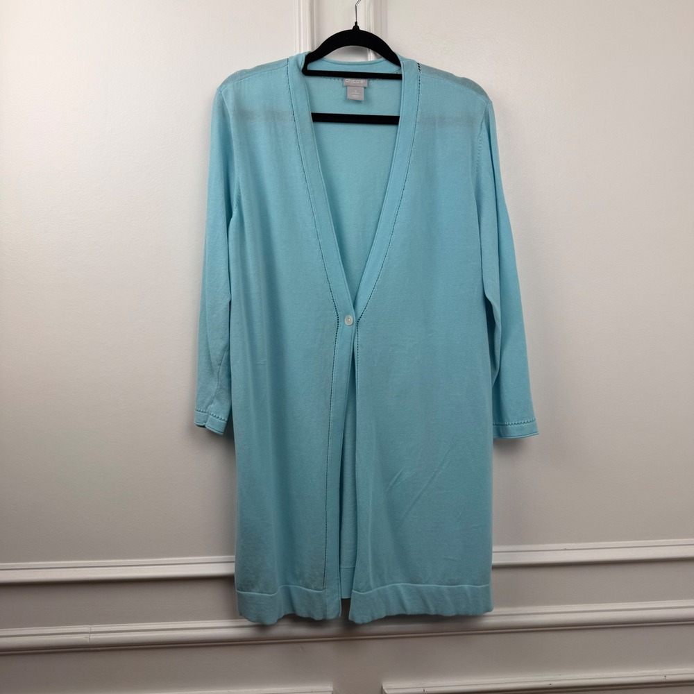 Chicos Aqua Blue Longline Cardigan Sweater Single Button Pointelle Knit Size 2 L